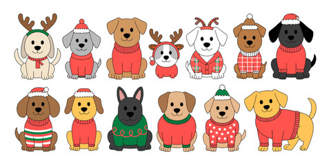 Festive cartoon dogs in holiday attire Christmas