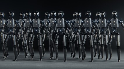 Visualization of Army of Advanced Humanoid Robots Marching Together Synchronously Across Dark...