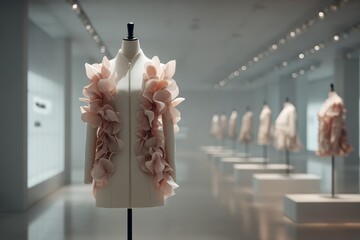 Fashion design exhibit features elegant garments adorned with floral accents in a modern gallery space