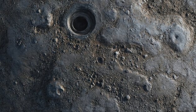 Detailed texture of extraterrestrial planet surface with craters, geological formations. Scene resembles icy landscape of Europa, Jupiter moon. Cosmic scene offers view of barren terrain, rocky
