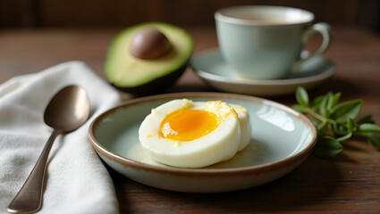 Soft boiled egg halved on a plate with avocado and coffee, set on a wooden table ready to eat.