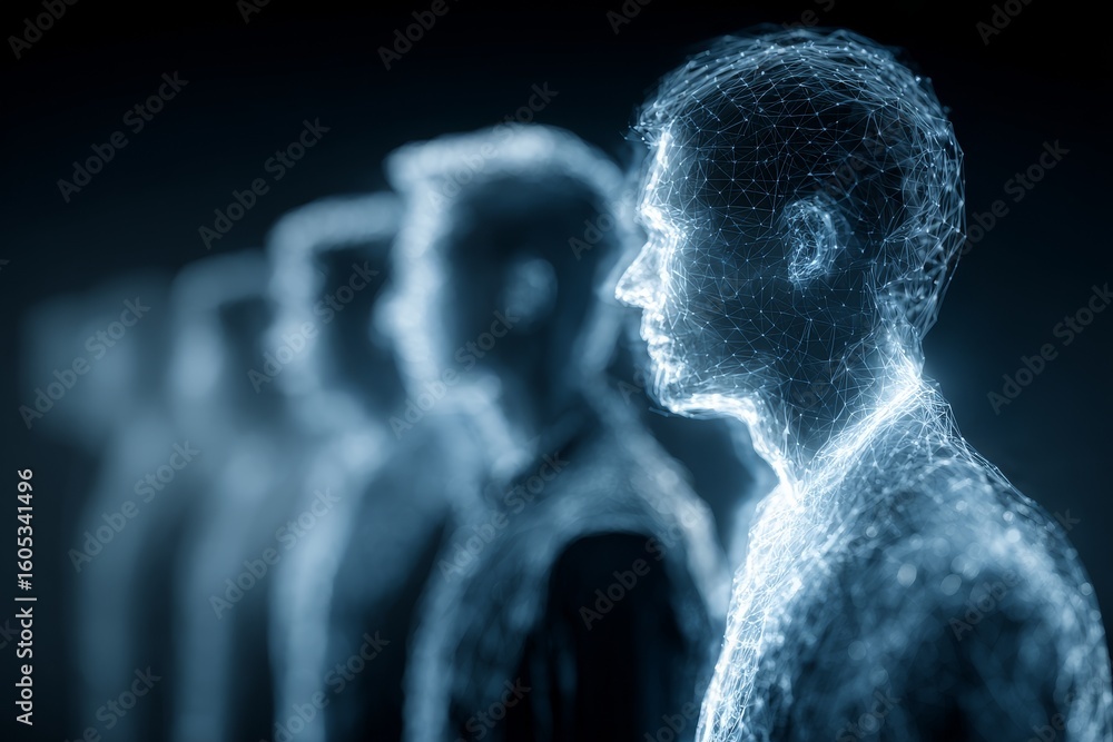 Poster digital silhouettes representing technology's impact on human identity and connection in a futuristi