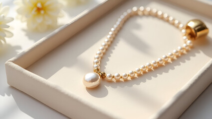Elegant pearl necklace with golden accent, a timeless piece of jewelry displayed on a soft background.