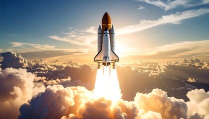 Rocket launch through clouds at sunrise
