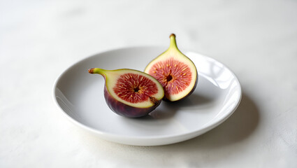 Two halves of a ripe fig rest on a simple white plate, showcasing their vibrant red interior and delicate skin.