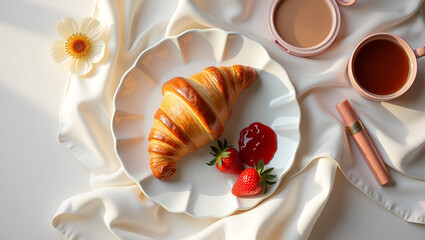 Aesthetic breakfast still life with croissant, strawberries, jam, tea, and cosmetic items on a white cloth.