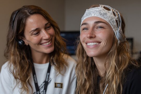 Smiling woman wearing a headband during a collaborative session with an engaged companion in a modern workspace