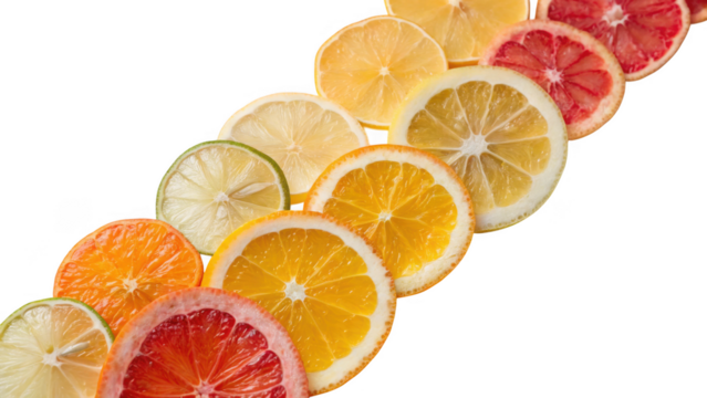 A diagonal line of various citrus fruit slices arranged on a transparent background isolated on transparent background