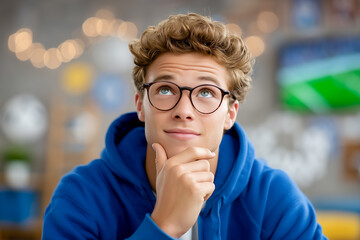Young man wearing glasses and a blue hoodie is looking thoughtfully upward with hand on chin. Cozy indoor environment with soft light and stylish decor
