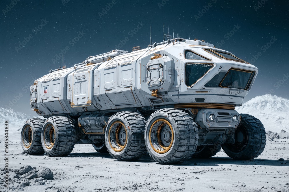 Poster exploration vehicle on the moon with rugged design exploring the lunar surface in a futuristic setti