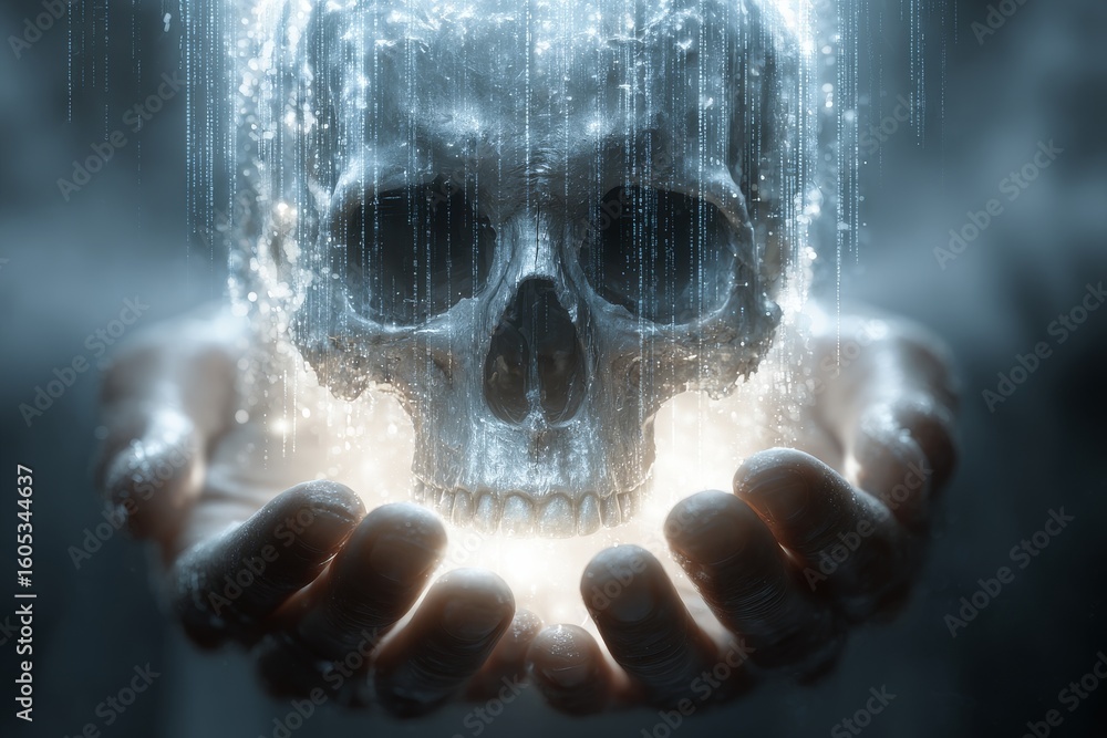 Poster skull cradled in hands with glowing light and falling data in a mystical setting