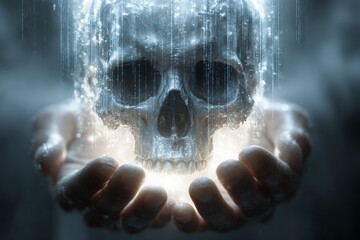 Skull cradled in hands with glowing light and falling data in a mystical setting