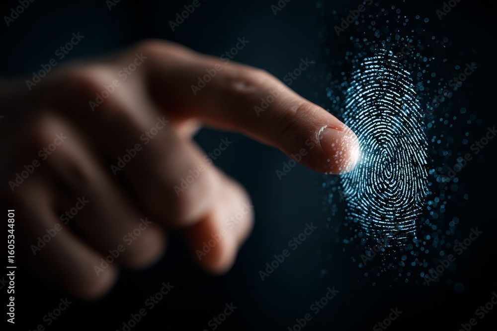 Poster exploring biometric technology with a focus on digital fingerprint scanning in a modern setting