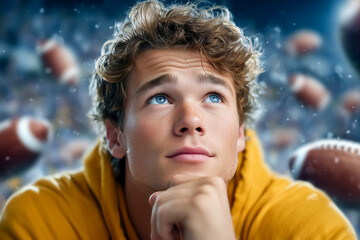 Young man looks up with thoughtful expression surrounded by floating footballs in a dynamic background. Bright atmosphere captures excitement of sports