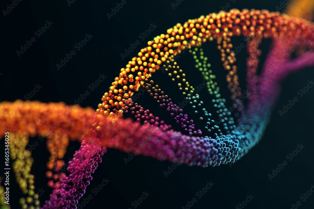 Poster colorful representation of a dna double helix showcasing genetic structure and complexity in a scien