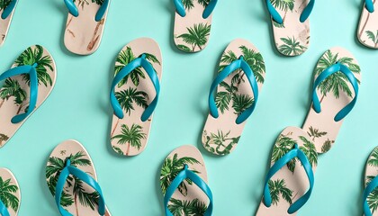 Palm-printed flip-flops on teal