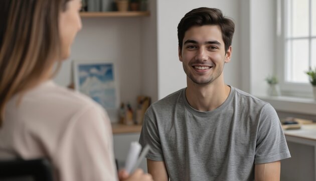 Young man smiles during psychologist appointment discussing mental health. Client talks with therapist about problems, seeking advice, support for stress emotional issues. Professional counseling