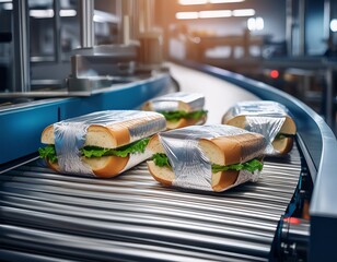sandwiches wrapped in foil on a conveyor production line products ready for delivery to the store
