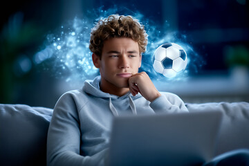 Young man in grey hoodie thinks intently while using laptop. Background features swirling blue abstract soccer elements. Concept of sports analysis, technology in gaming, online learning