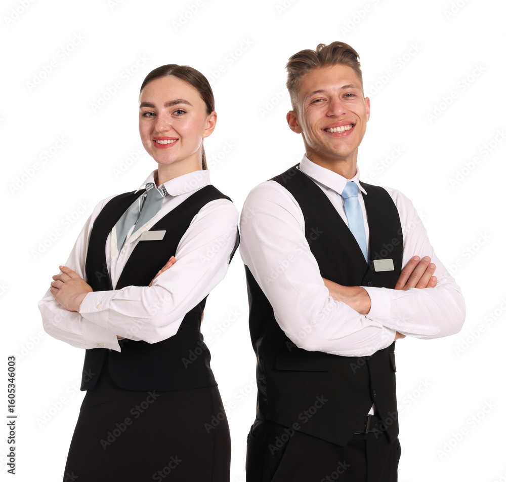 Poster smiling receptionists in uniforms with crossed arms on white background