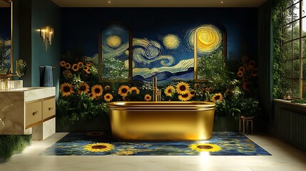 Luxurious bathroom with a stylized mural