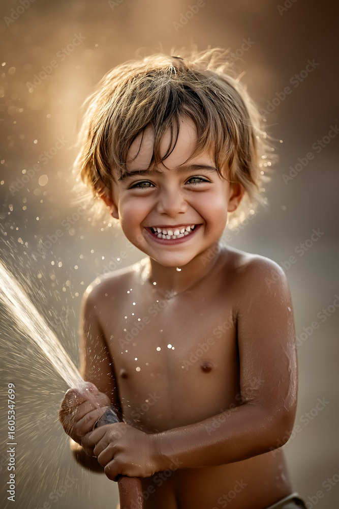 Poster child smiles while playing with water hose, creating sparkling droplets in air. scene captures vibra