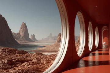 Rolgordijnen zonder boren Modern architecture provides a stunning view of a red rocky landscape with distant mountains and a lake at sunset © Odin AI