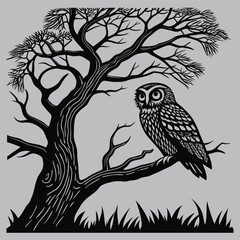 Owl Perched on Ancient Tree Silhouette vector design art and illustration