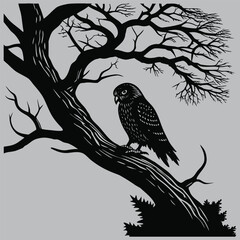 Owl Perched on Ancient Tree Silhouette vector design art and illustration