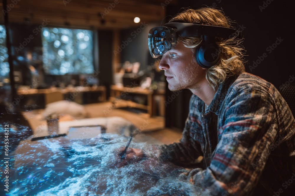 Poster person using virtual reality headset and interactive screen in a modern workspace for creative desig