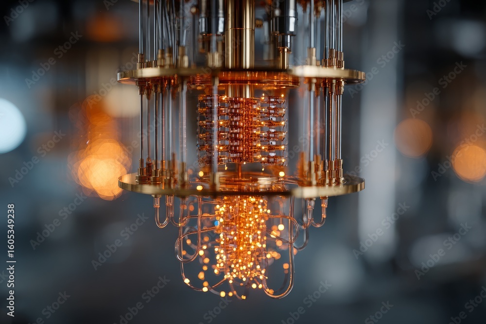 Poster quantum computer with intricate design exhibiting glowing qubits in a modern laboratory environment