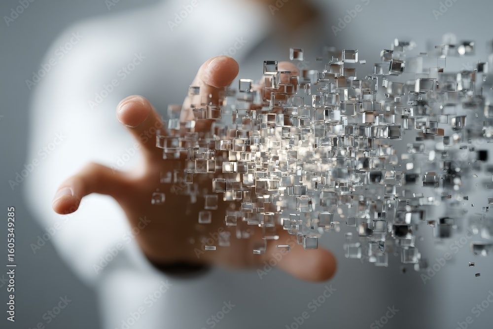 Poster digital particles emerge from a hand in a creative representation of technology and innovation in a 