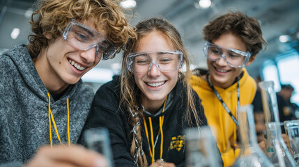 Enthusiastic students in a science lab collaborate on an experiment with smiles and safety glasses.