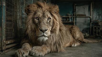 Naklejka premium A close-up portrait of a lion resting inside a cage, showing a serious and introspective expression.