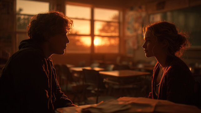 The sunset creates a dramatic silhouette of two people in a classroom setting, capturing an intimate moment.