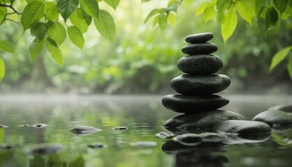 Obraz premium Stacked stones rest in tranquil water with soft green leaves overhead. Zen arrangement promotes calmness, harmony, suggesting serene spa meditation retreat. Natural composition embodies peacefulness,