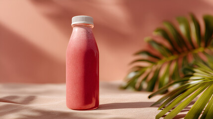 Refreshing pink smoothie in glass bottle against a warm backdrop with tropical leaf shadows.