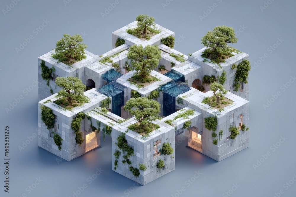 Poster modern architectural design featuring interconnected structures with greenery and waterfalls in a se