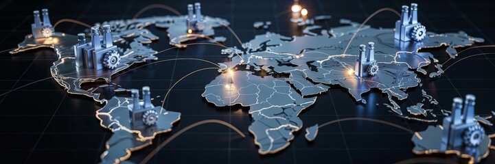 digital world map with factory icons located in major industrial regions, symbolizing global supply chain and manufacturing
