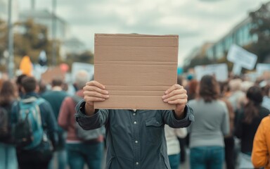 Person holding a blank cardboard sign in a crowd of people protesting in the street