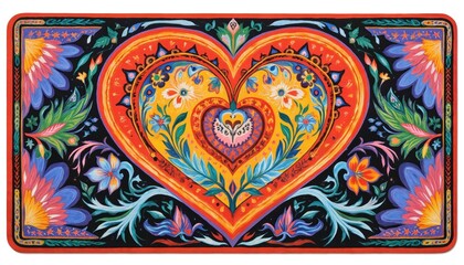 Vibrant folk art yoga mat featuring large central heart design in red, yellow, blue. Intricate floral, nature motifs surround heart, creating festive, lively, decorative artwork with unique hand-made