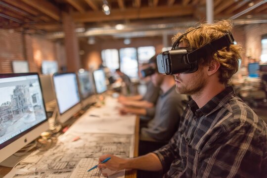 Virtual reality technology is utilized by professionals in a modern workspace for innovative design work