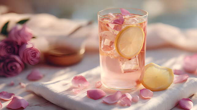 Refreshing pink lemonade with rose petals and lemon slices on a bright, sunny day - pure summer bliss!