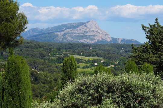 View of the Montagne Sainte-Victoire, a limestone cliff mountain painted by Paul Cezanne in Aix-en-Provence in southern France.