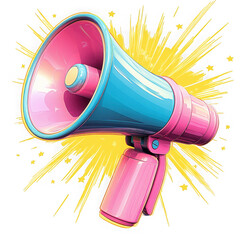 Retro megaphone with vibrant pink and blue colors and yellow splatter isolated on transparent background