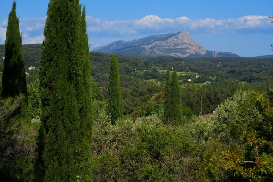 View of the Montagne Sainte-Victoire, a limestone cliff mountain painted by Paul Cezanne in Aix-en-Provence in southern France.