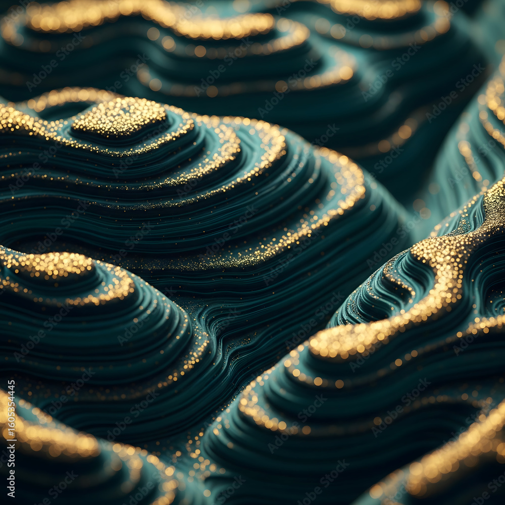 Poster a stunning abstract landscape with undulating teal ridges sprinkled with shimmering golden particles