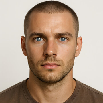 A direct portrait of a serious young adult man with striking blue eyes and a short buzz cut hairstyle