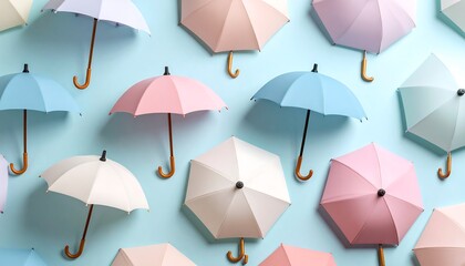 Obraz premium Pastel umbrellas on a light blue background