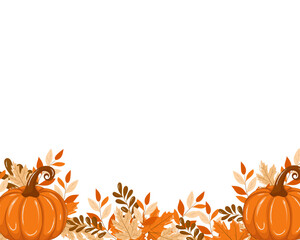 Rectangular frame with autumn nature elements. Ripe pumpkins, dry branches, and fall leaves in brown, orange, and yellow. Vector illustration on white background with copy space